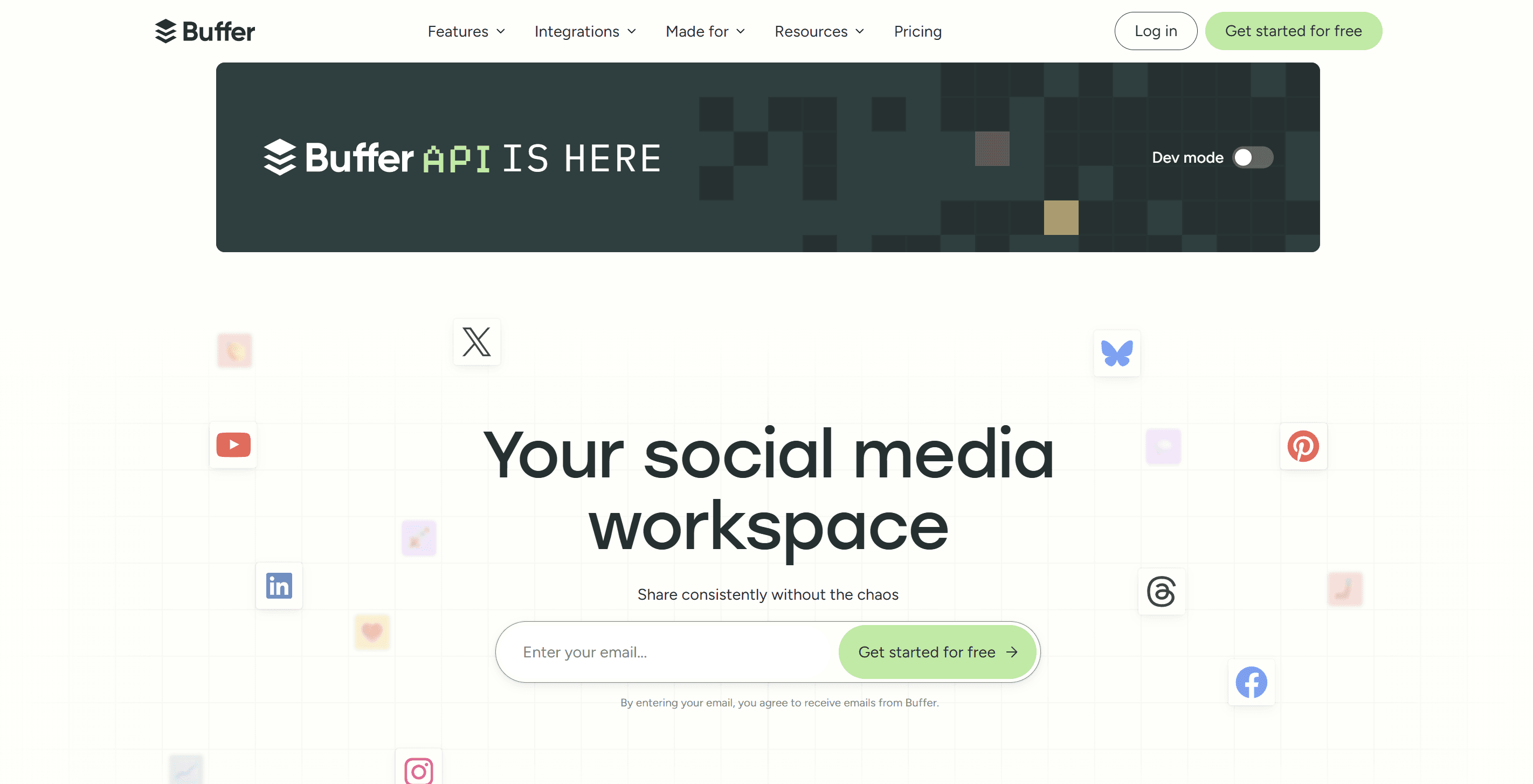 Buffer landing page, positioning it as a simple, affordable social media scheduling tool