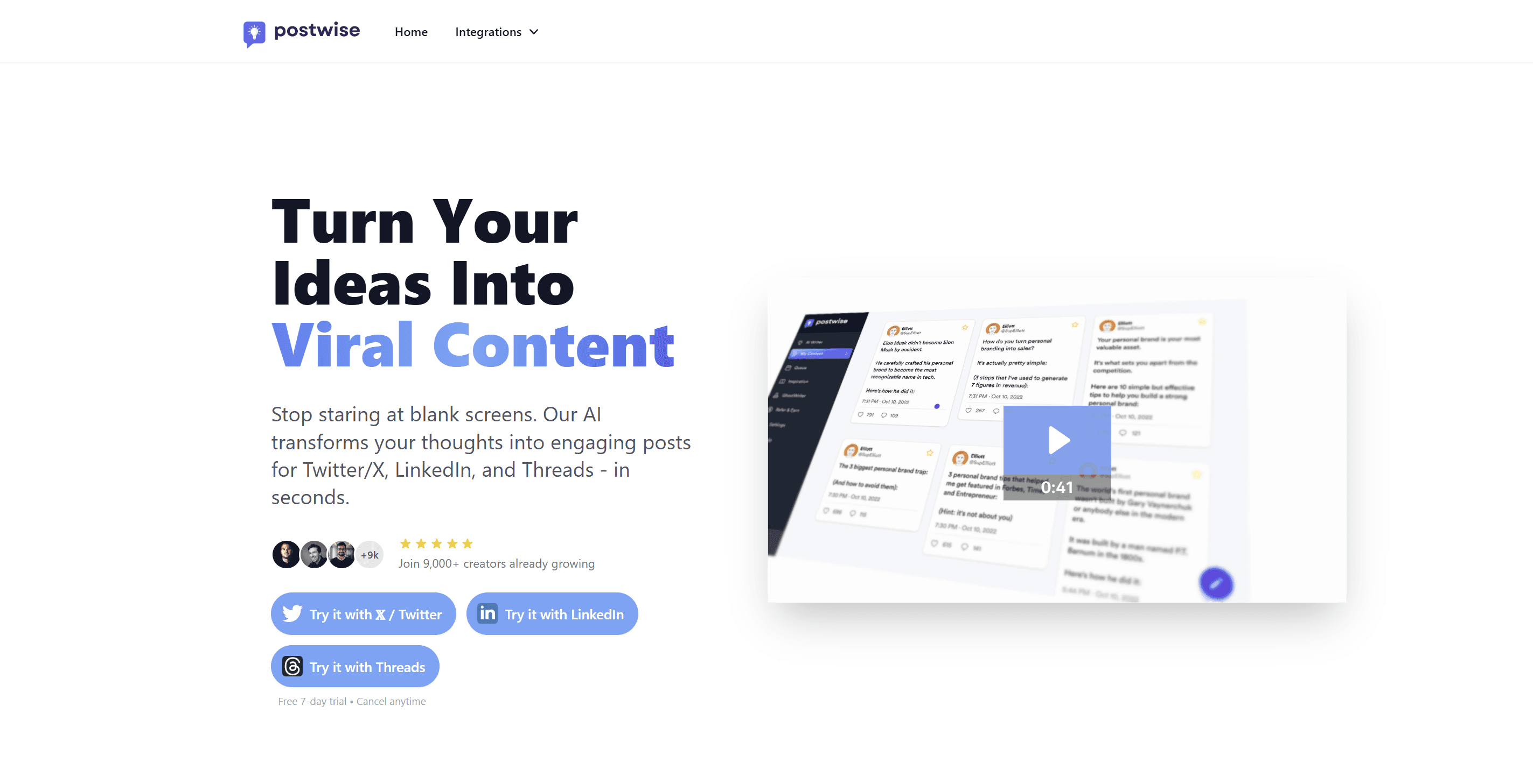 Postwise landing page, positioning it as an AI ghostwriter for X, LinkedIn, and Threads