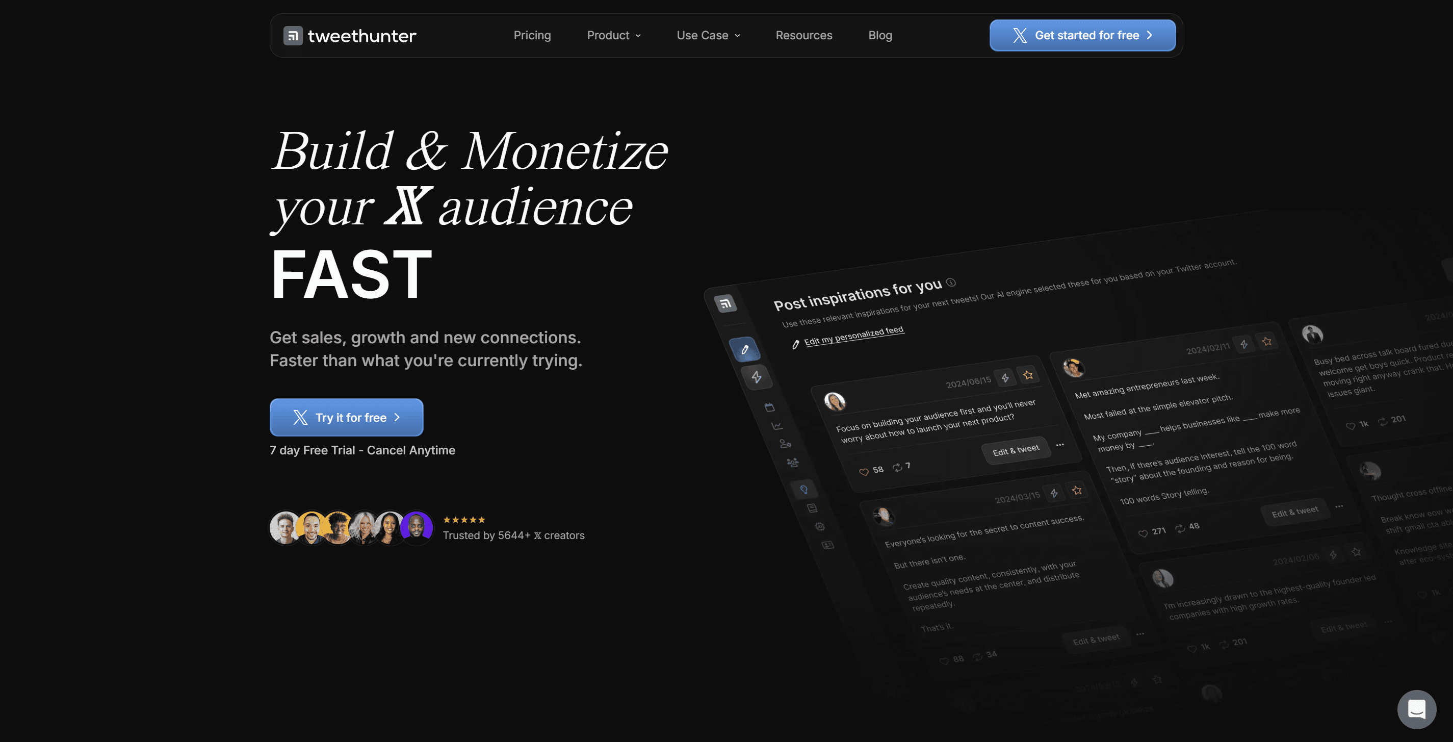 Tweet Hunter landing page, positioning it as an X growth and AI ghostwriting platform