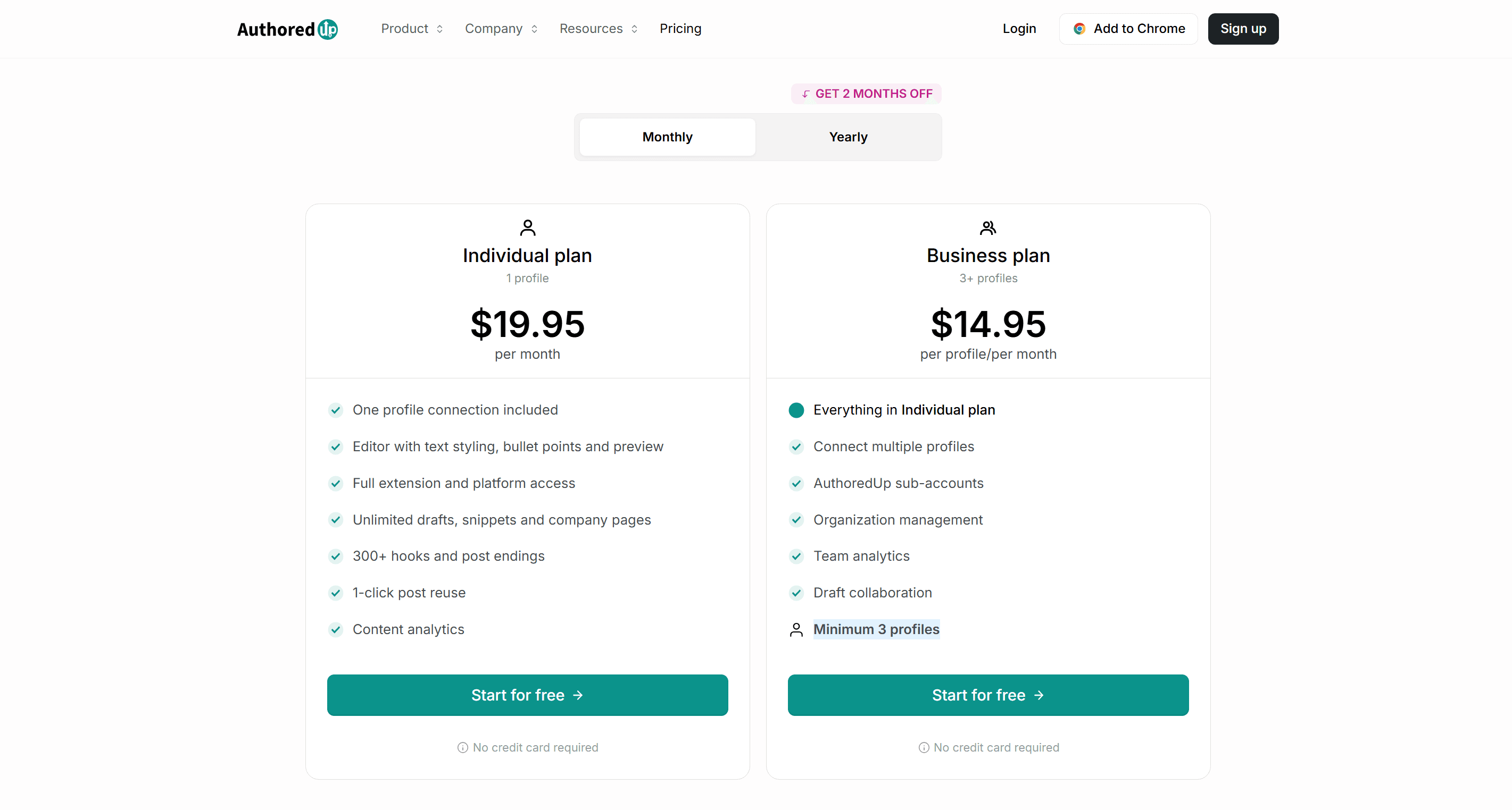 AuthoredUp pricing page showing the Individual plan at $19.95 and the Business plan at $14.95 per profile per month