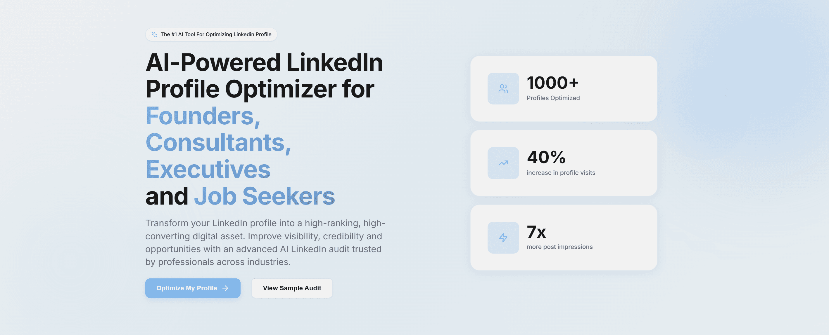 Growleads LinkedIn profile audit tool showing a 0 to 100 profile score and prioritized fixes