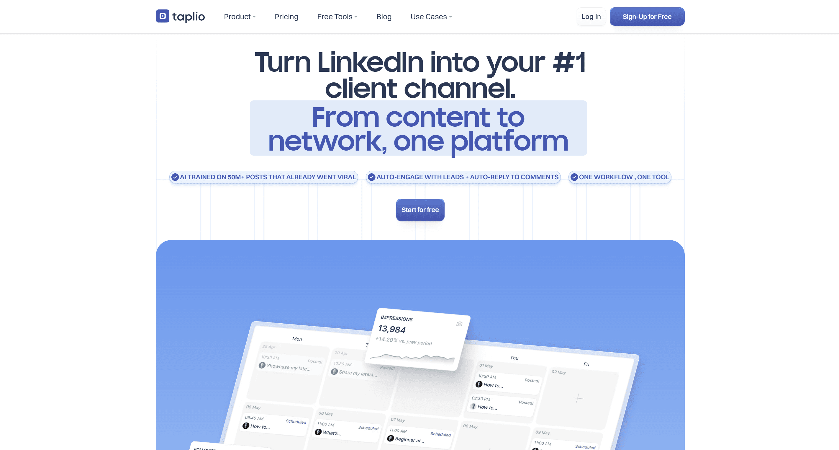 Taplio homepage, a LinkedIn-native AI tool for drafting, carousels, scheduling, and analytics