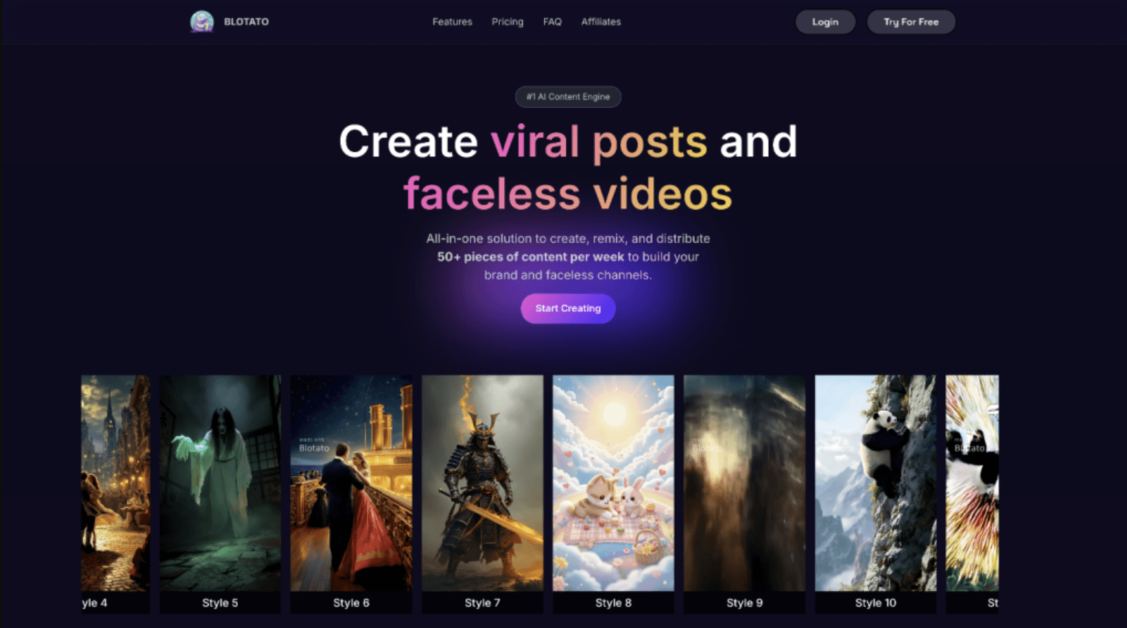 Blotato homepage, a multi-platform creator stack with native publishing to nine-plus platforms