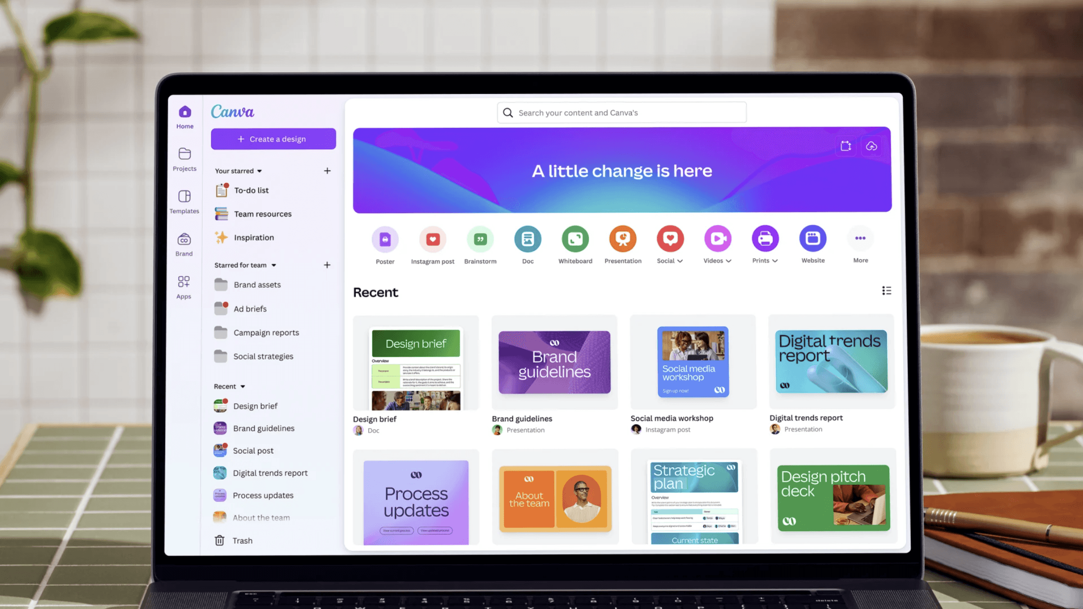Canva homepage, the visual design layer for post graphics, banners, and brand assets