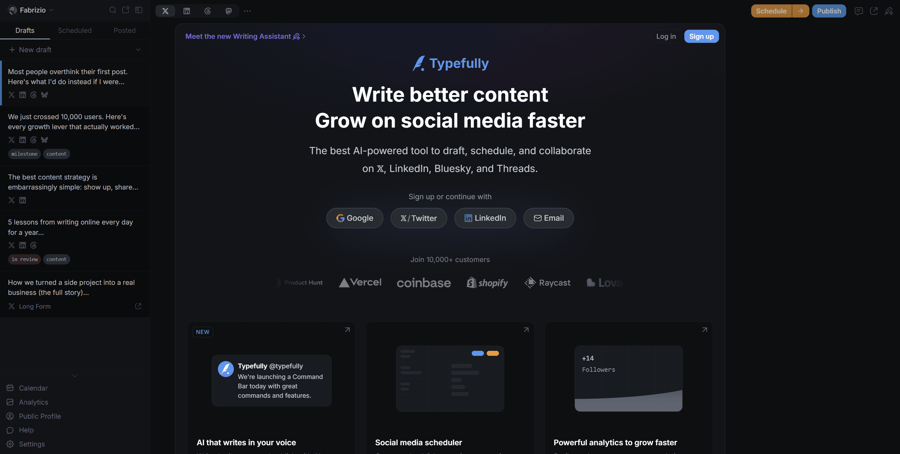 Typefully's minimalist thread composer and multi-platform scheduling for X, LinkedIn, and more