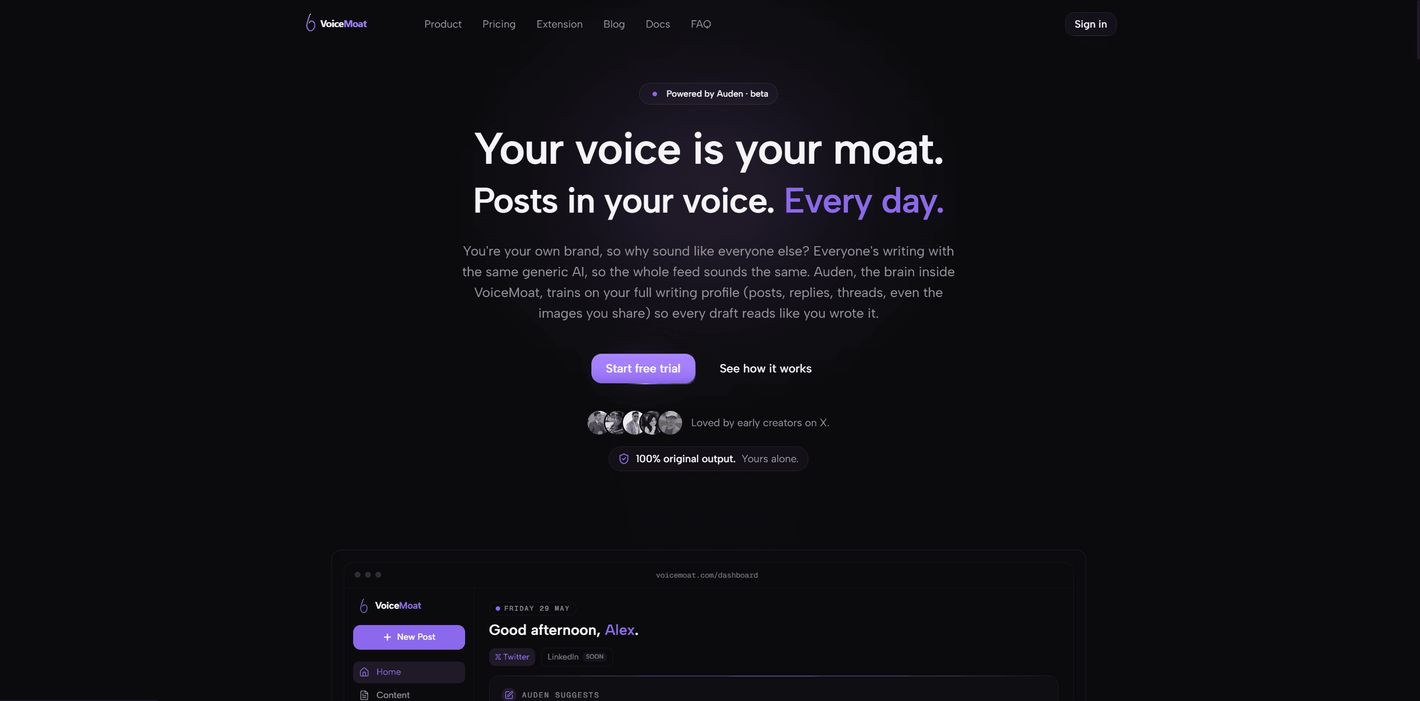 VoiceMoat voice-trained AI writing for X, drafting in a creator's trained style across the 10 signals of voice