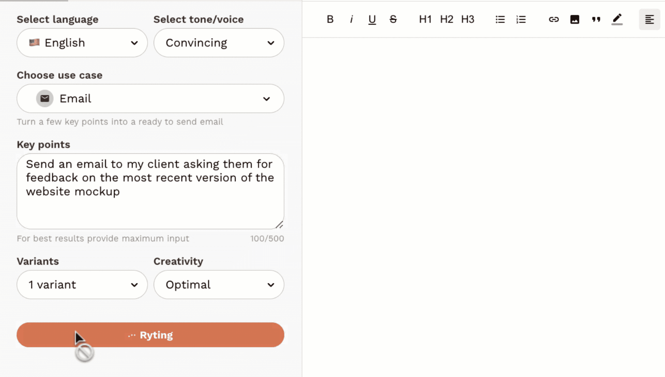 Rytr homepage, a budget AI writing tool with templates and tone presets