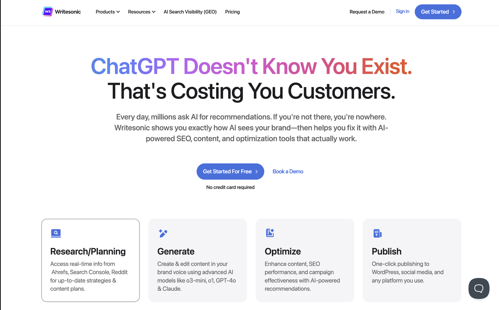 Writesonic homepage, an AI writing tool for individuals and small teams