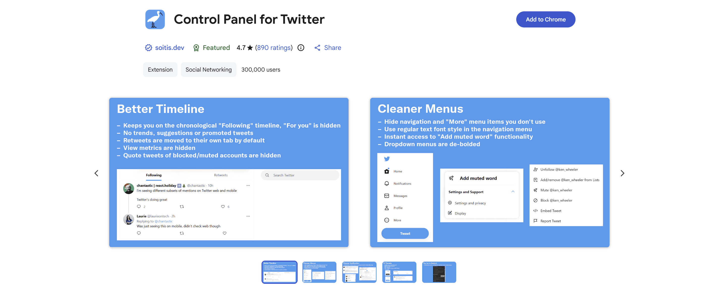ControlPanel for Twitter extension listing on the Chrome Web Store