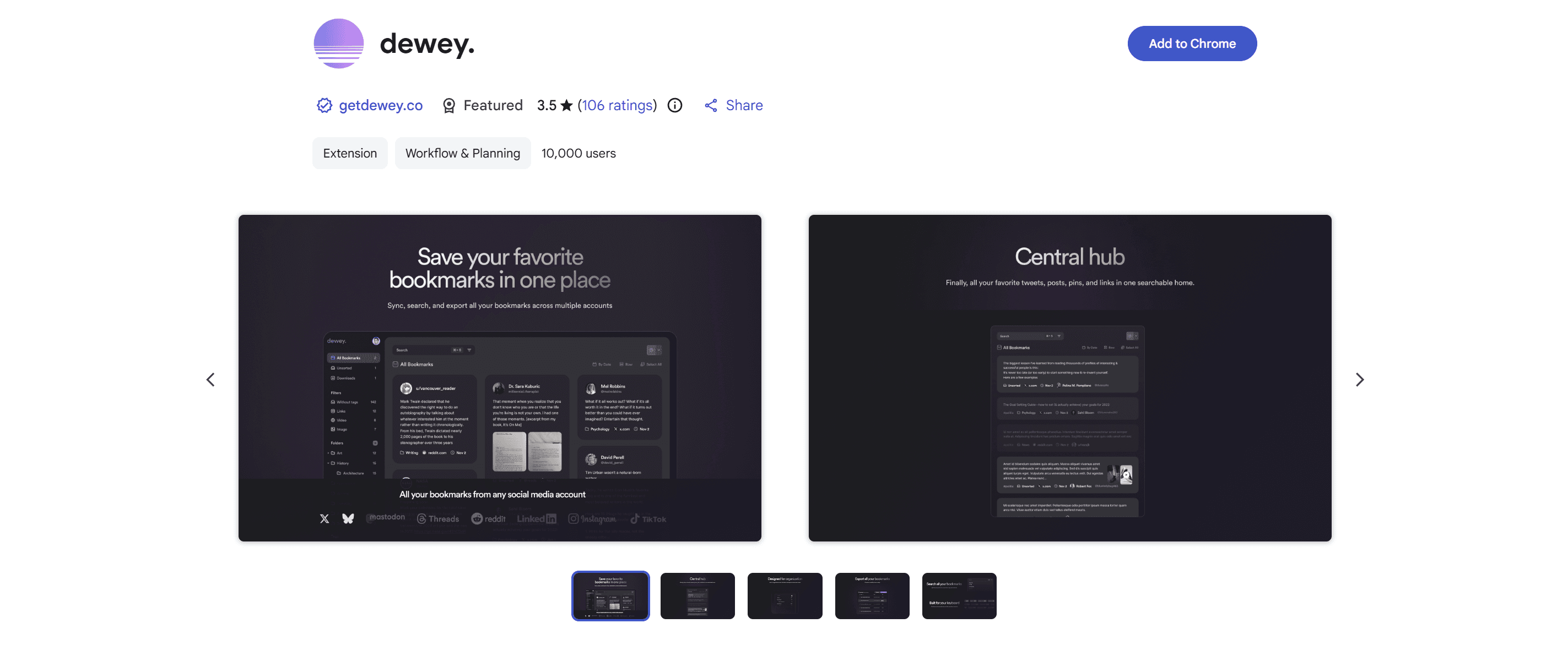 Dewey bookmarks extension listing on the Chrome Web Store