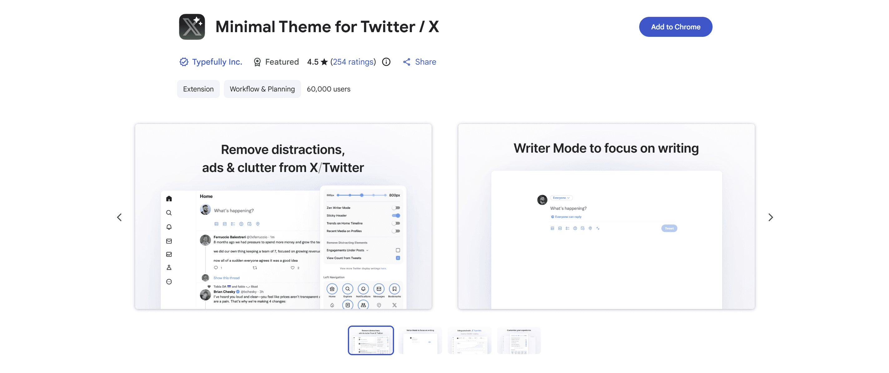 Minimal Theme for X (by Typefully) extension listing on the Chrome Web Store