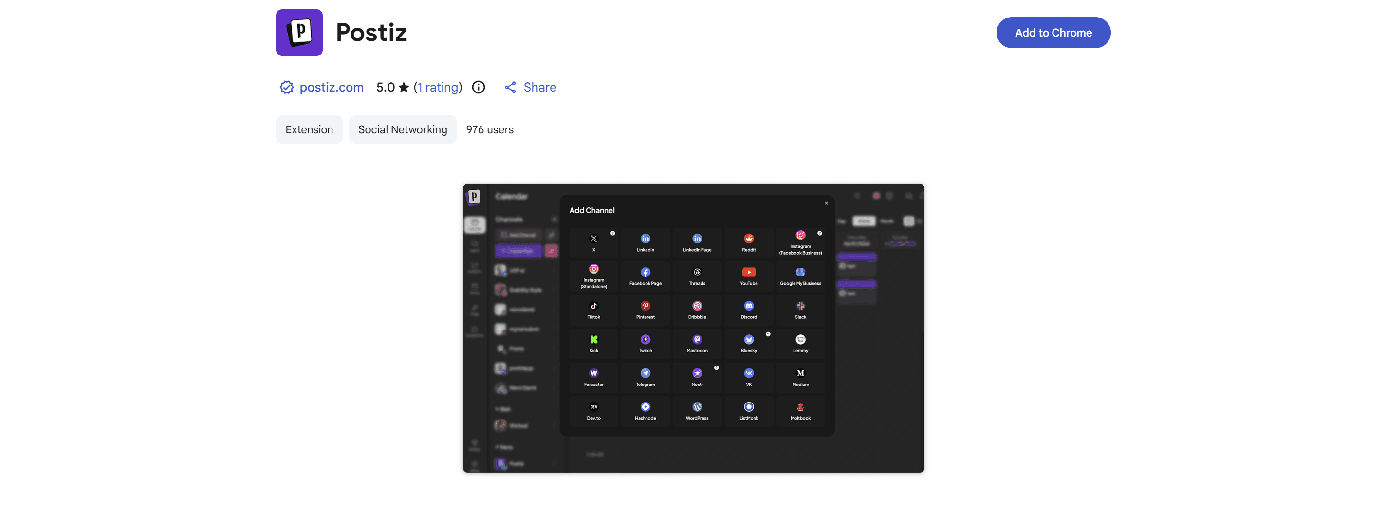Postiz extension listing on the Chrome Web Store