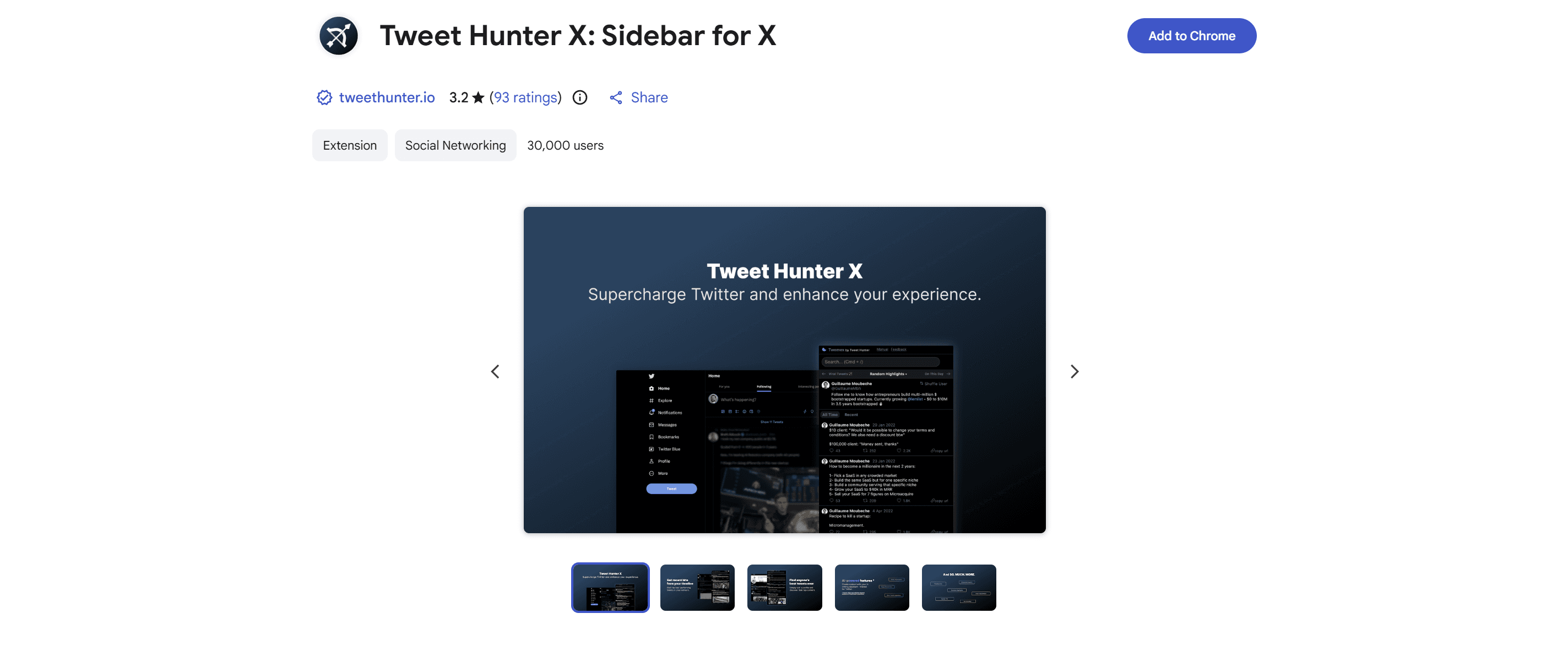 Tweet Hunter X sidebar extension listing on the Chrome Web Store