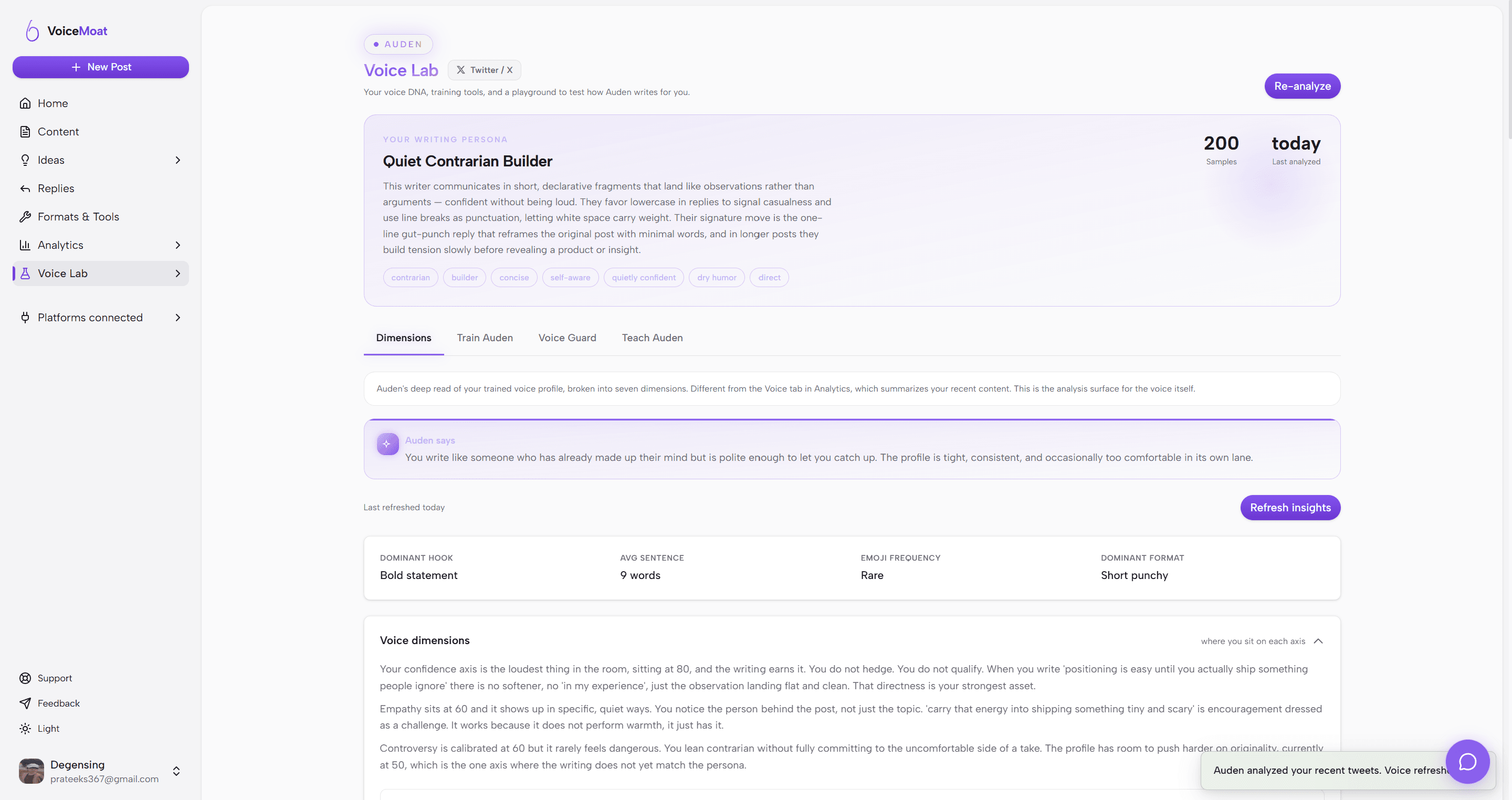 VoiceMoat Voice Lab showing a trained writing persona, 200 analyzed samples, and the 10 voice signals audenAI measures