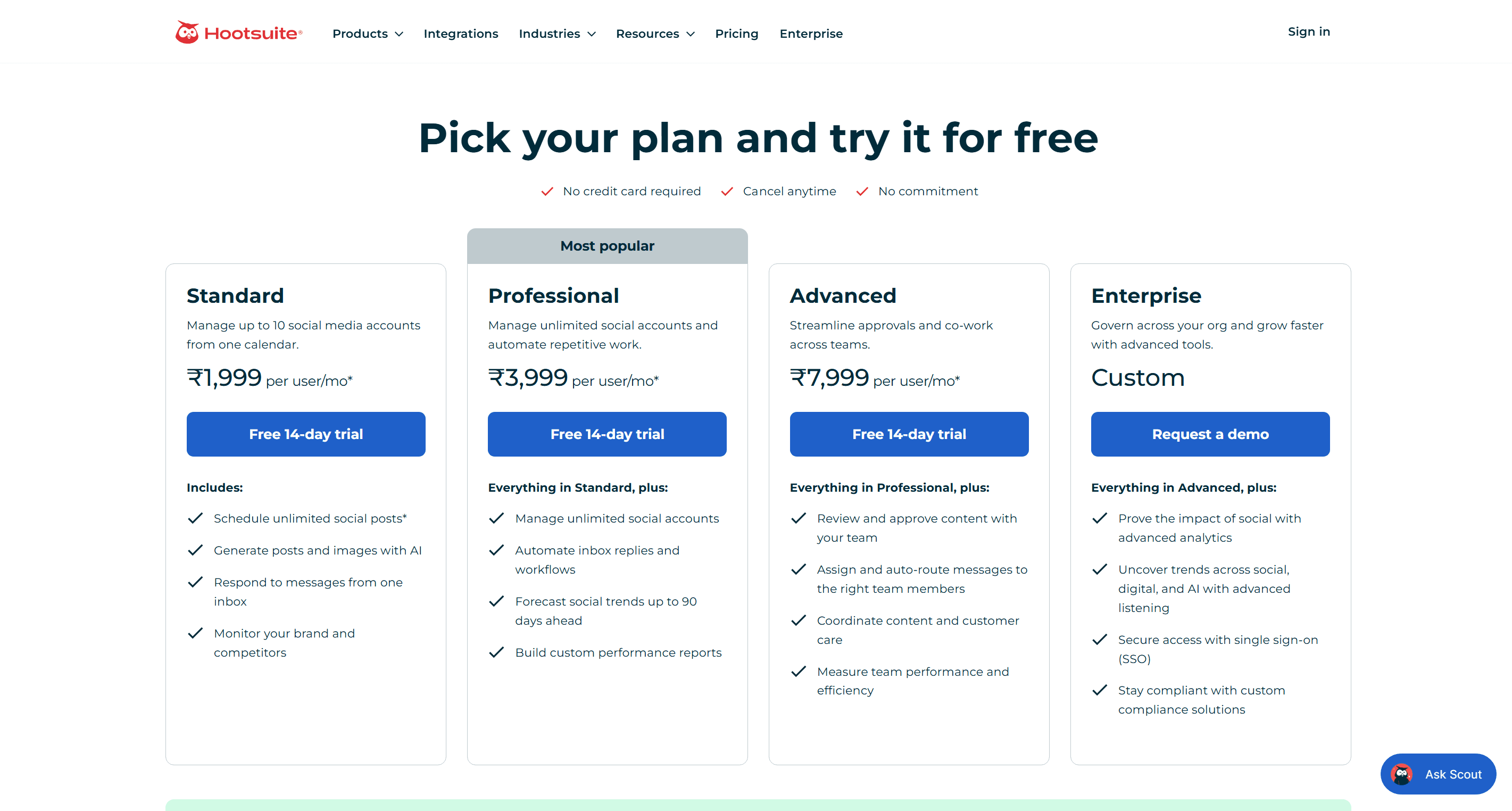 Hootsuite plans page showing Standard, Professional, and Advanced tiers priced per user, plus a custom Enterprise tier