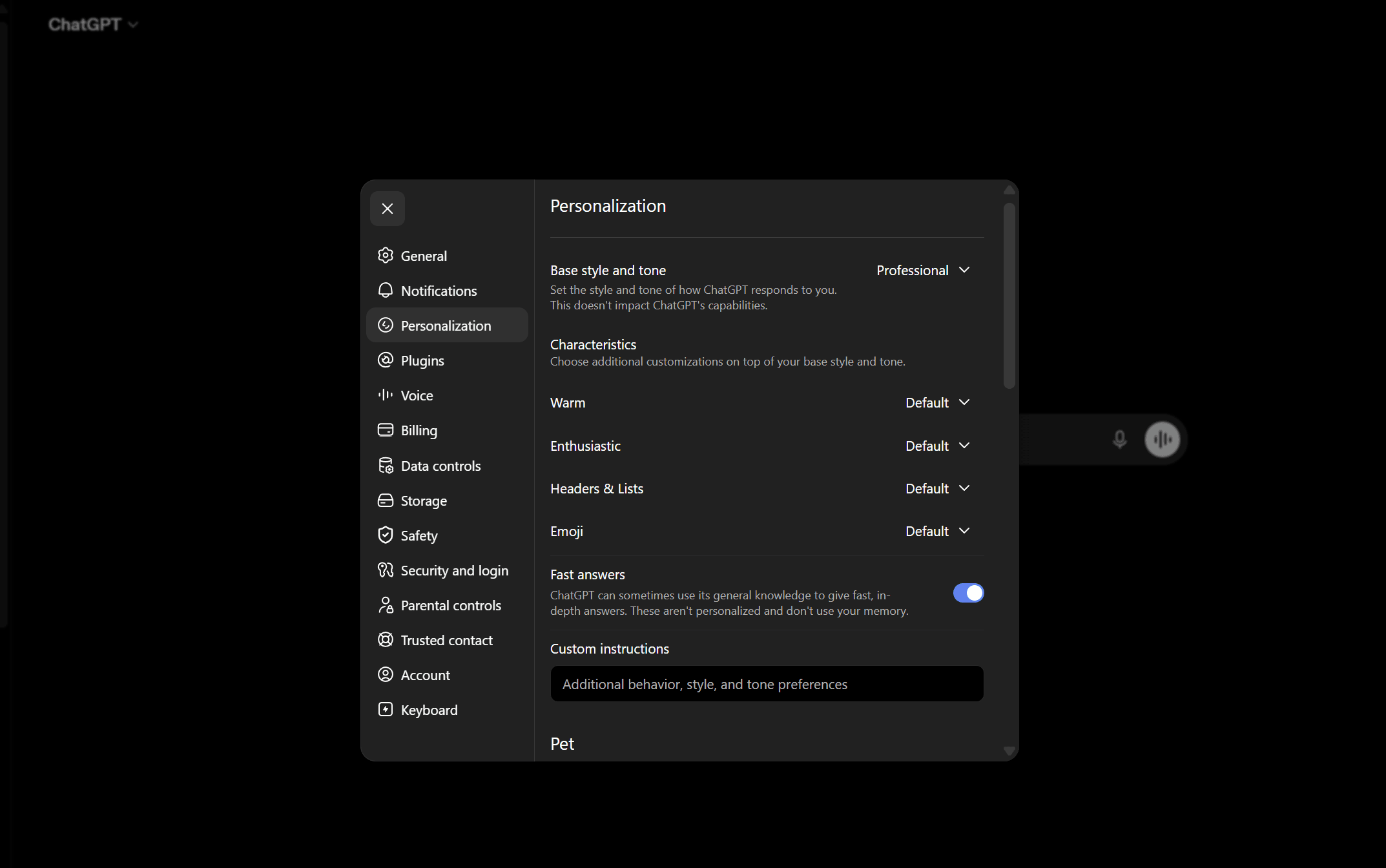 ChatGPT Custom Instructions dialog with a personal writing-style profile pasted into the traits field