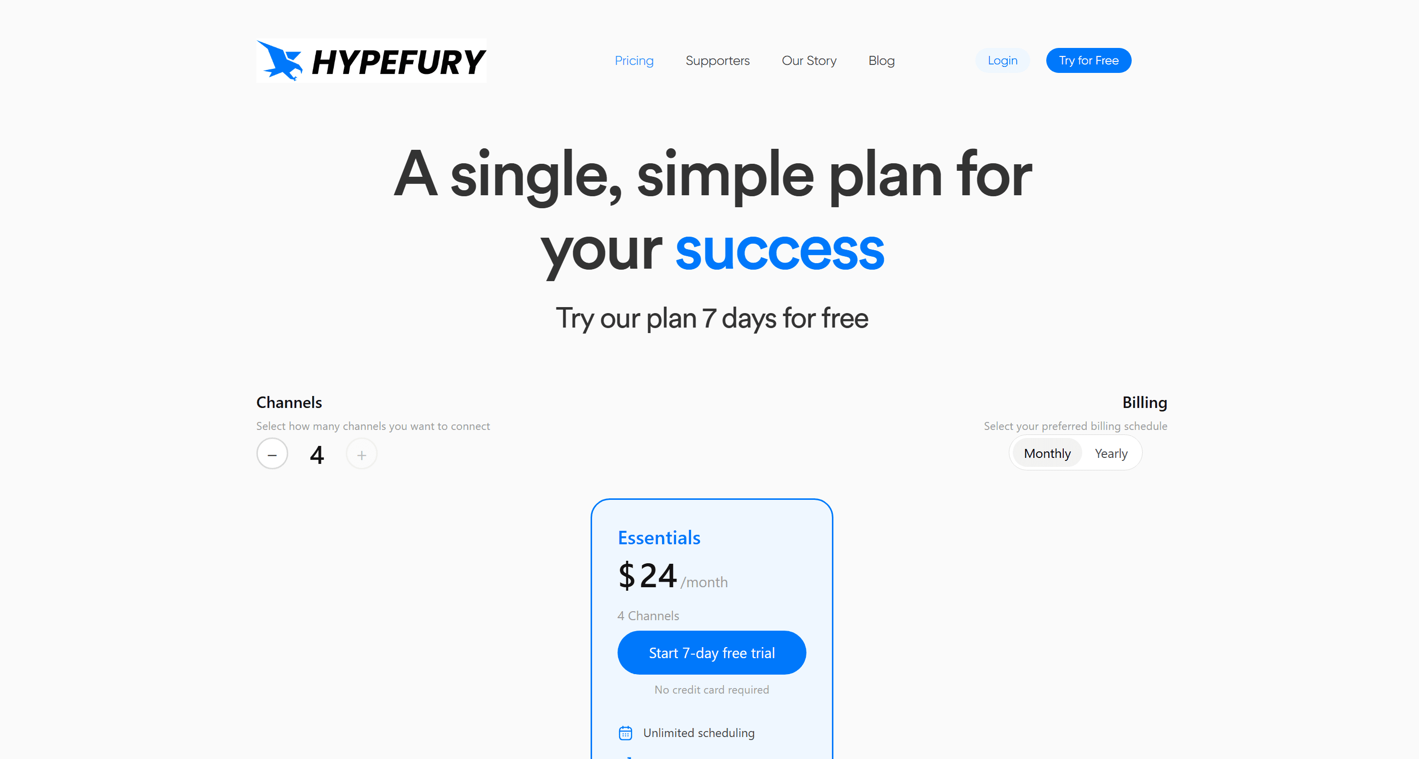Hypefury pricing page showing a single Essentials plan priced per channel at $5 to $6 per month