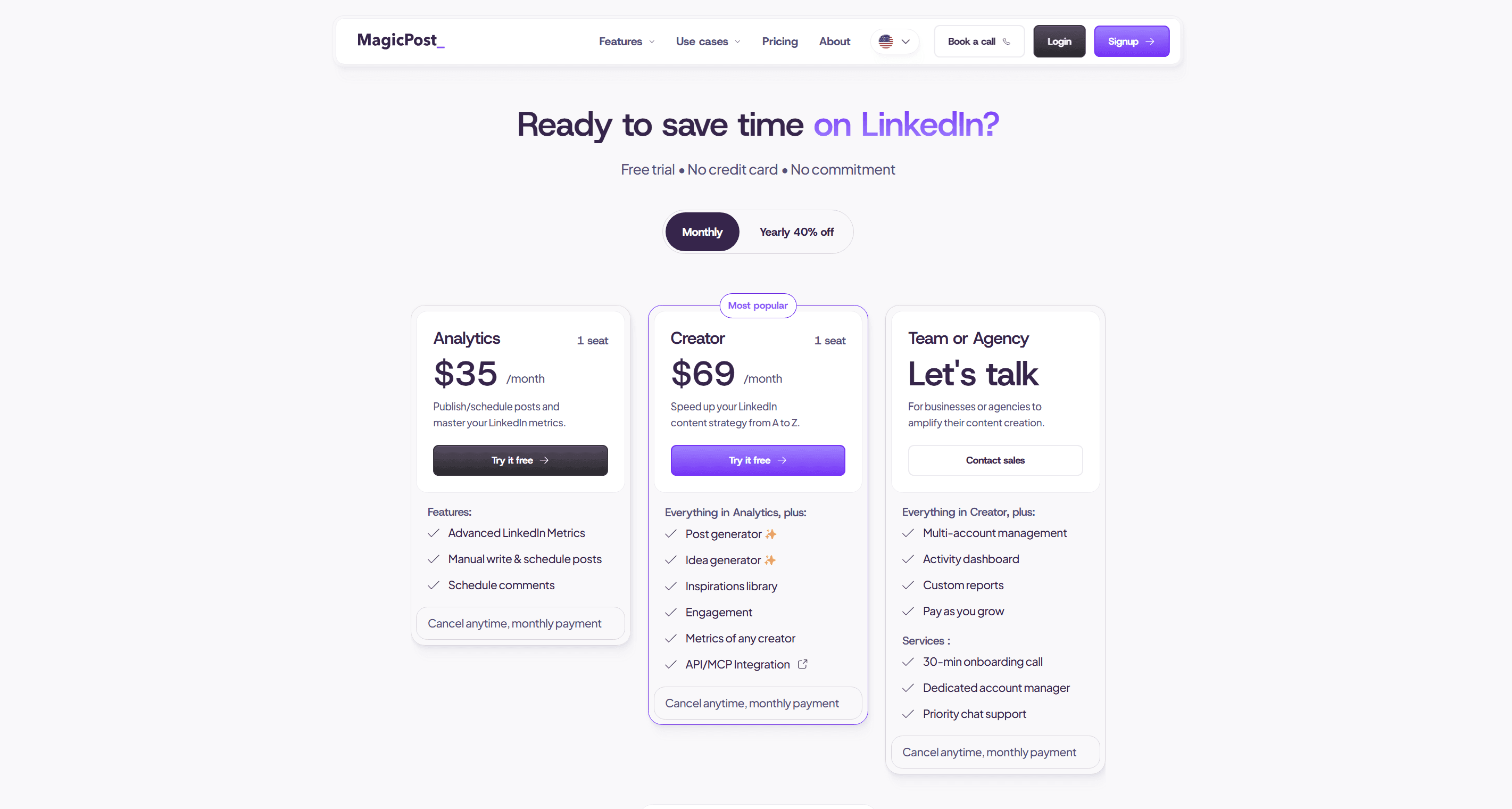 MagicPost pricing page showing the Analytics plan at $35 and the Creator plan at $69 per month, with a 40 percent annual discount