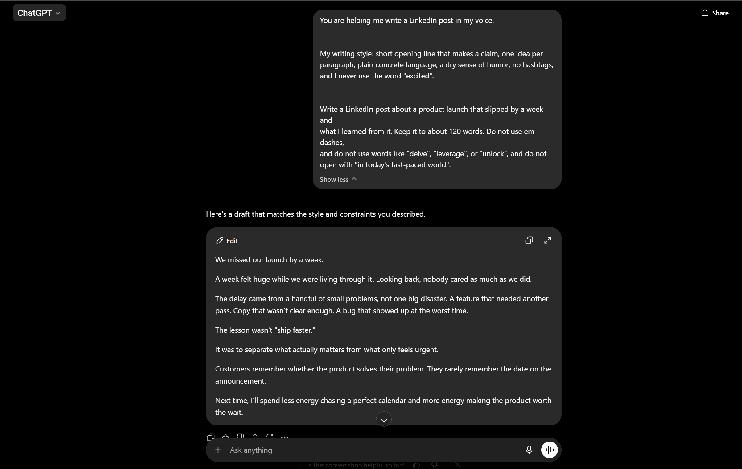 ChatGPT generating a LinkedIn post from a personal style prompt