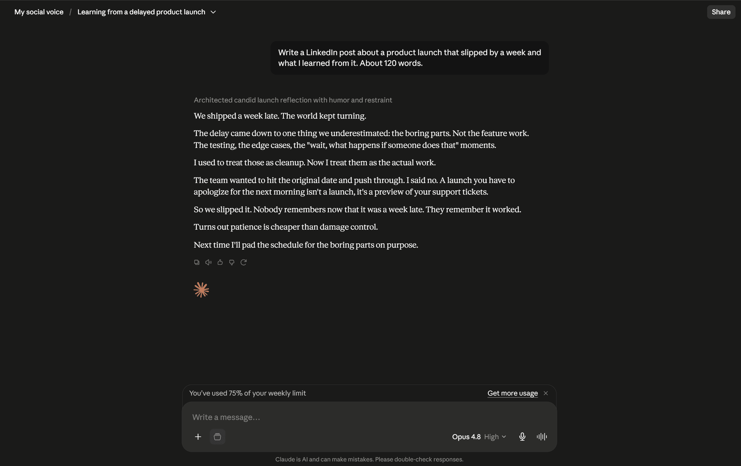 A Claude Project with a personal writing style guide pinned in project knowledge
