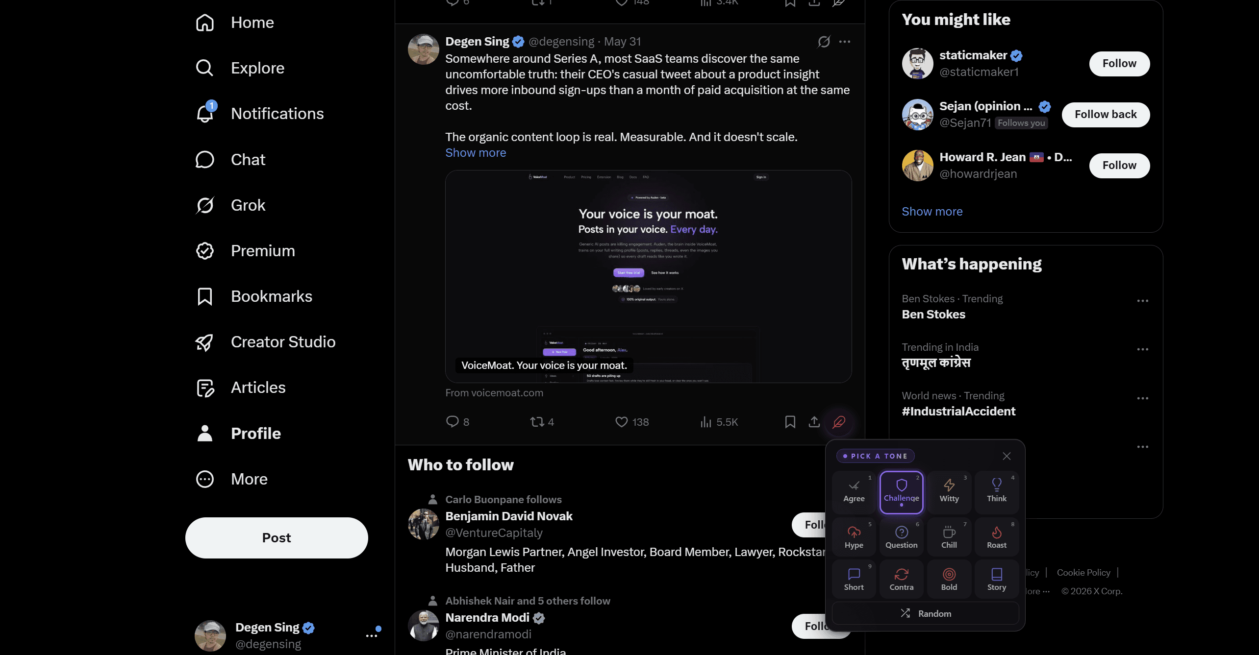 The VoiceMoat Chrome extension on x.com with the 12-tone reply picker open