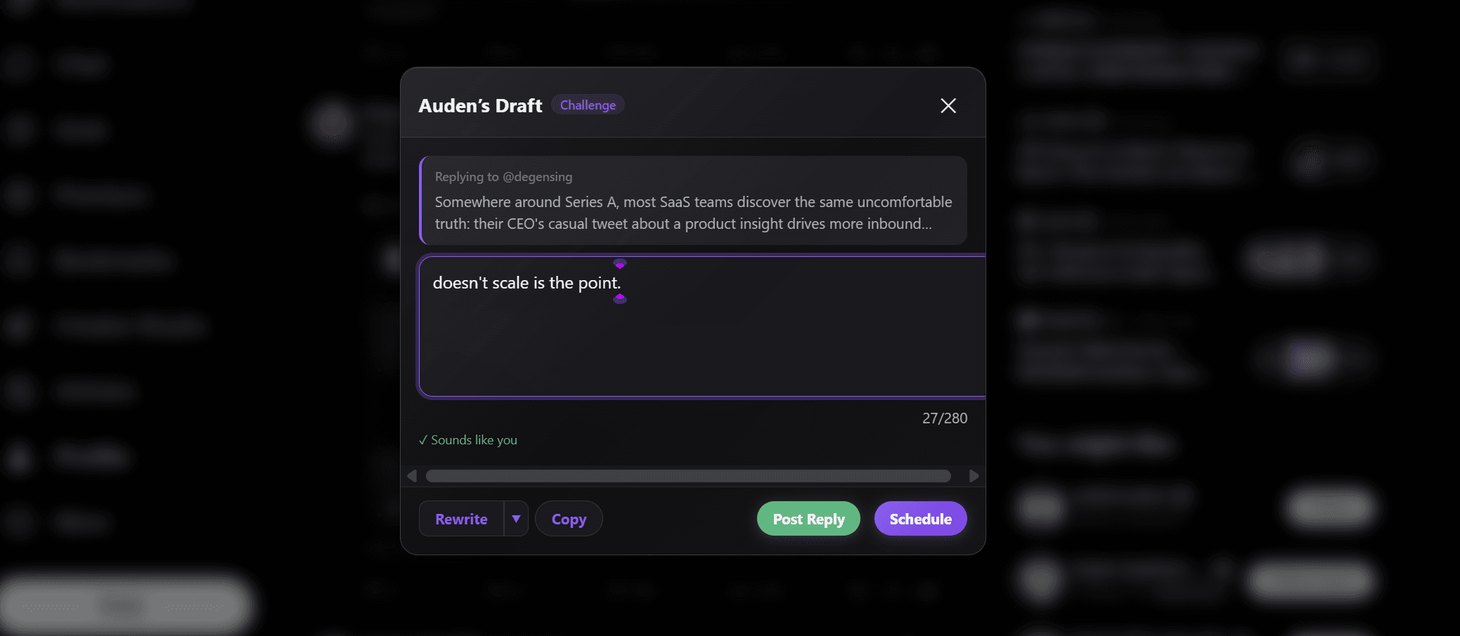 audenAI's reply draft on x.com with a 'Sounds like you' voice match indicator