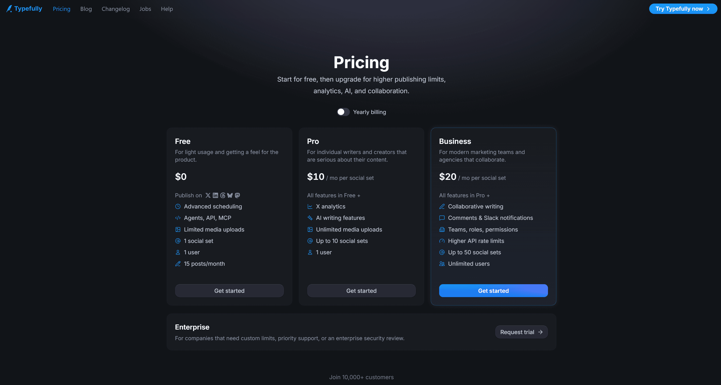 Typefully pricing page showing Free, Pro at $10, Business at $20 per social set, and a custom Enterprise plan