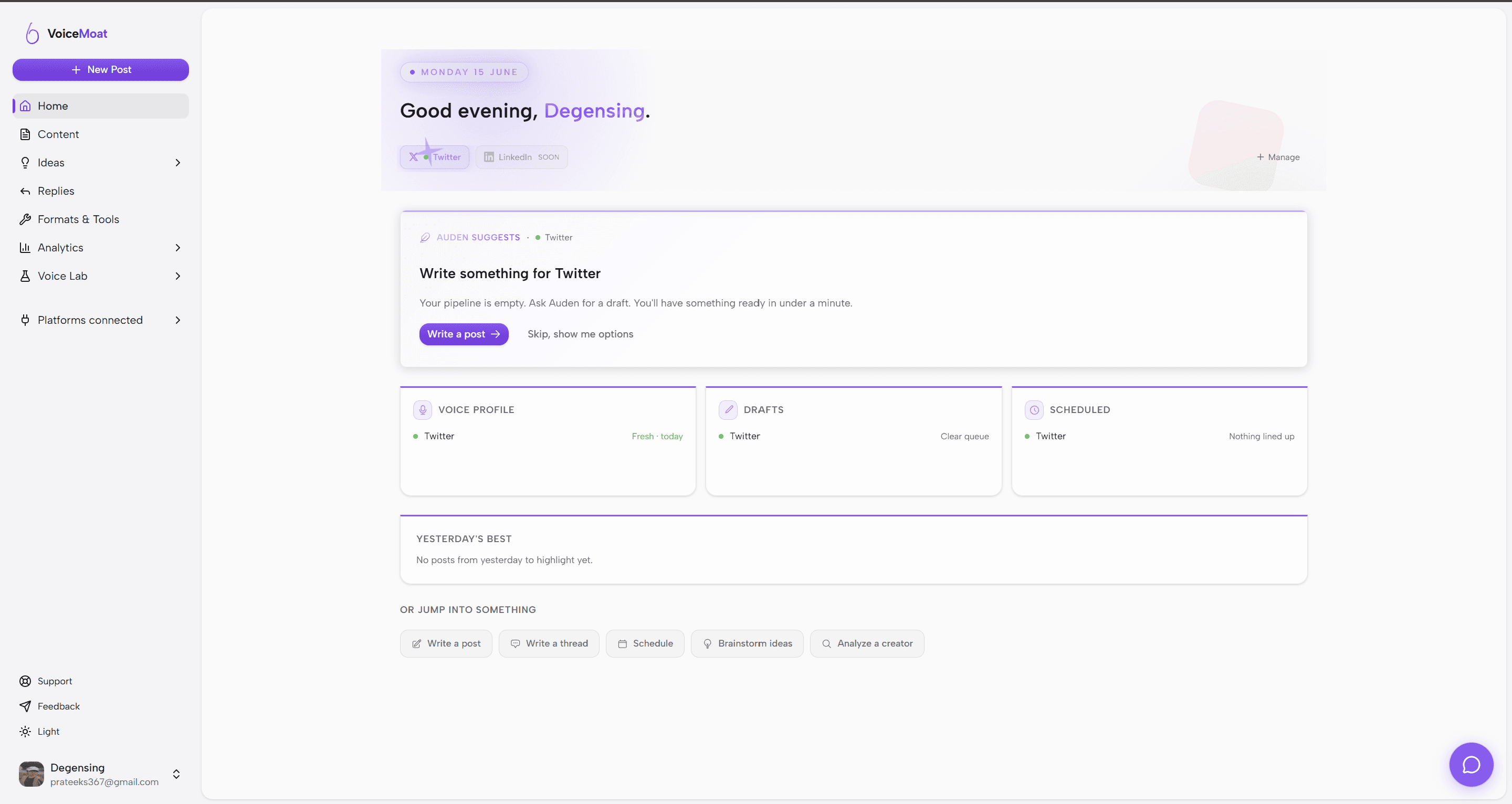 The VoiceMoat dashboard where audenAI drafts social posts in the creator's trained voice