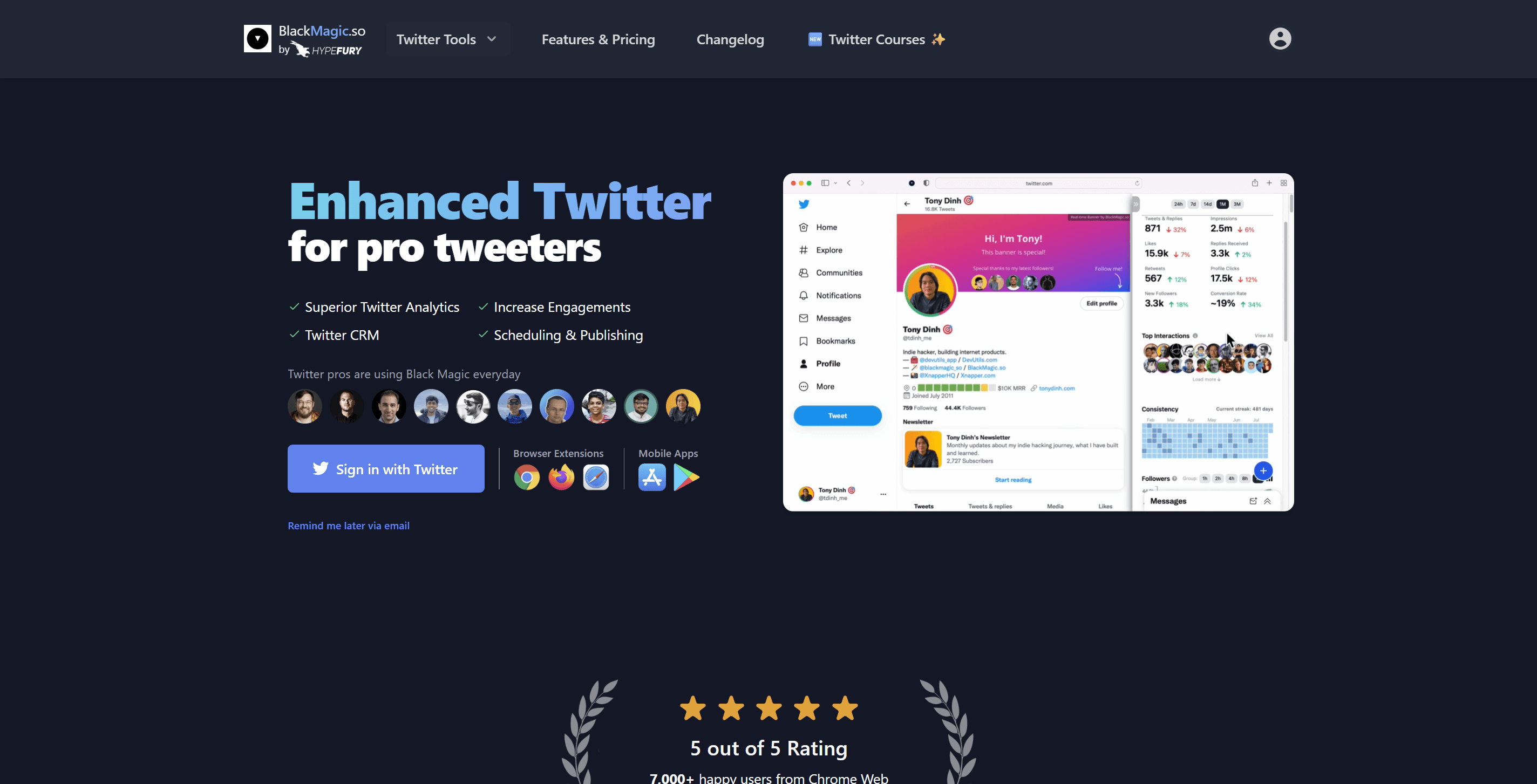 Black Magic landing page, positioning it as X analytics and a personal CRM