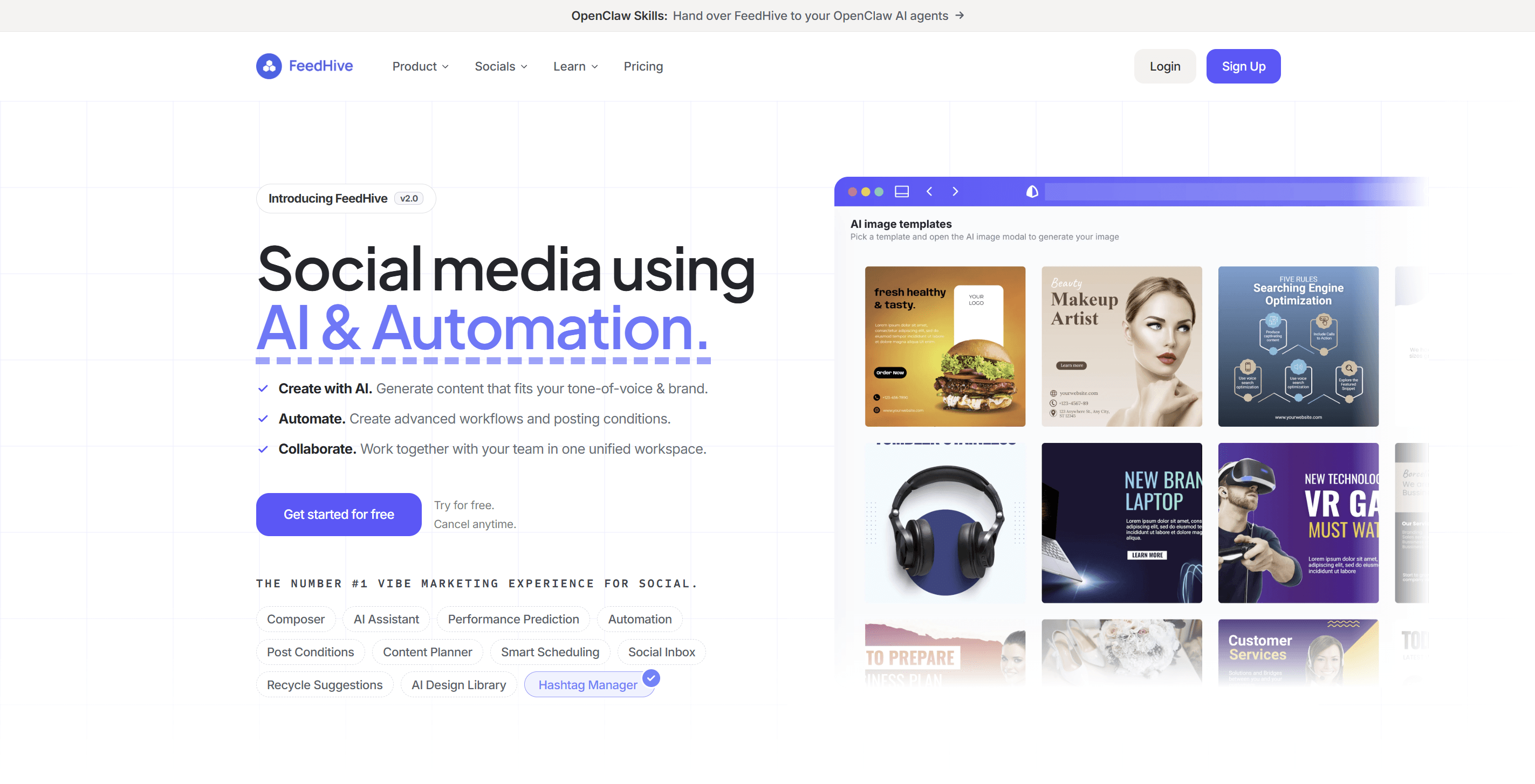 FeedHive landing page, positioning it as a cross-platform content recycling and scheduling tool